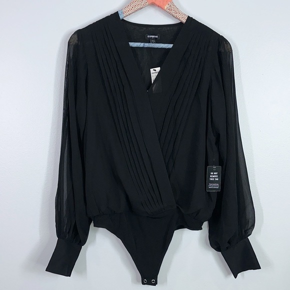 Express Tops - Express Black Long Sleeve Surplice Bodysuit